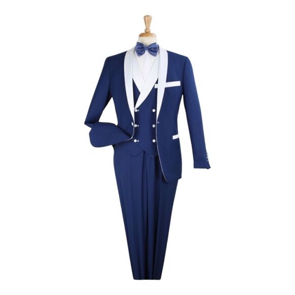 MEN'S ROYAL DIAMOND BLUE & WHITE 1 BUTTON SHAWL TUXEDO WITH WHITE ACCENTS. TU-2. - Picture 2 of 2